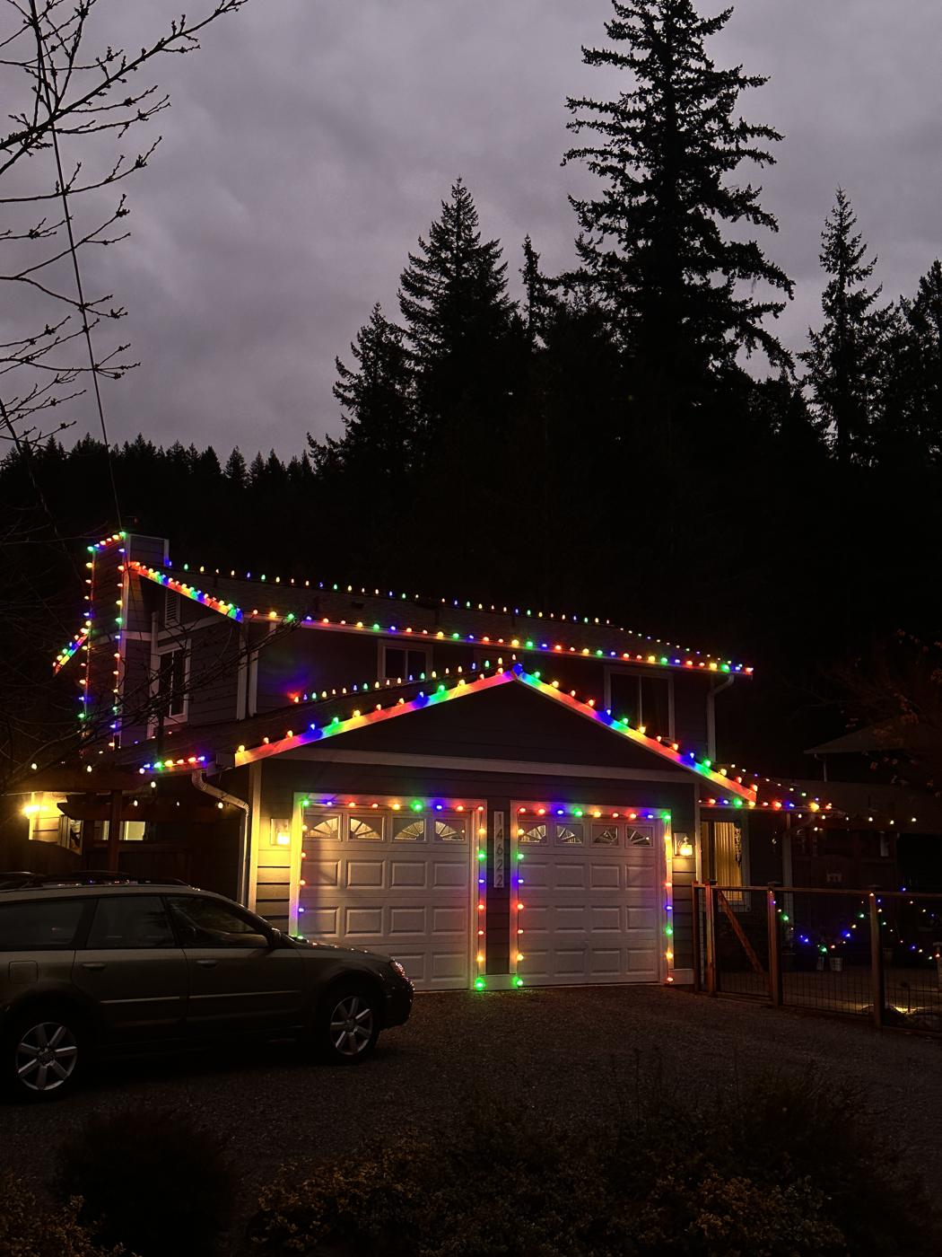 Multicolor roofline over a two-car garage